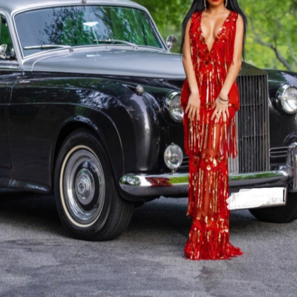 Red maxi dress with sheer bottom w/ golden tassel